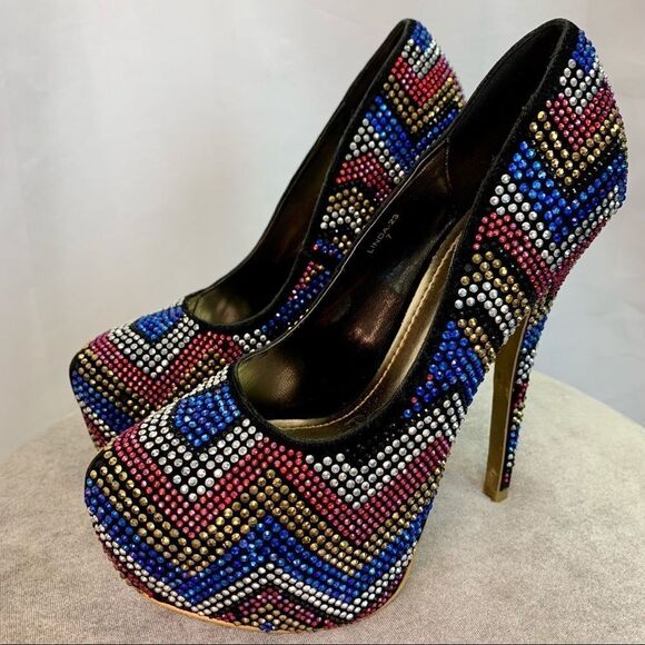 𝅺MASCOTTE red blue gold silver rhinestone embellished high heel platform pumps 7 - Picture 6 of 10